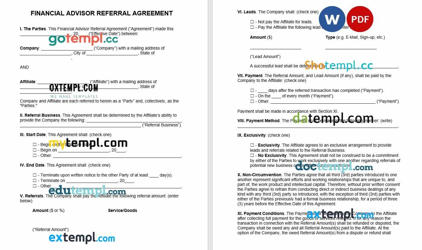 Financial Advisor Referral Agreement Word example, fully editable