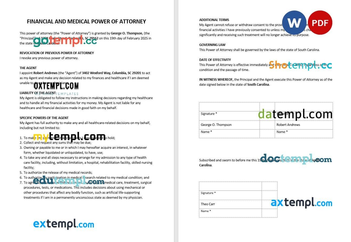 Financial and Medical Power of Attorney example, fully editable