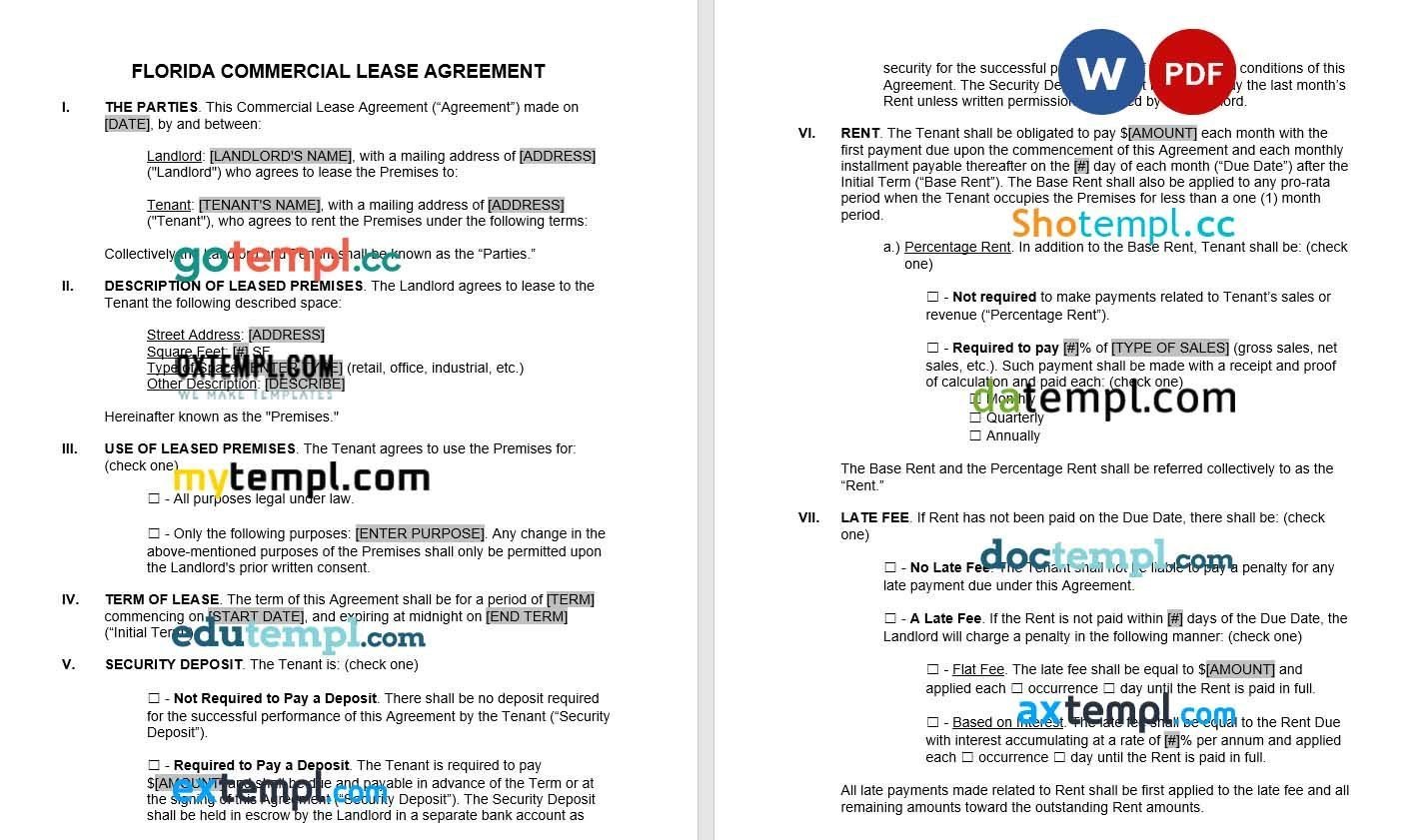 Florida Commercial Lease Agreement Word example, fully editable