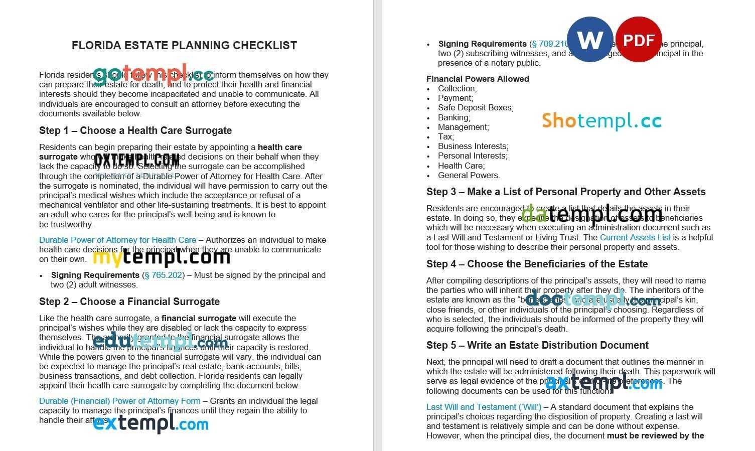 Florida Estate Planning Checklist example, fully editable