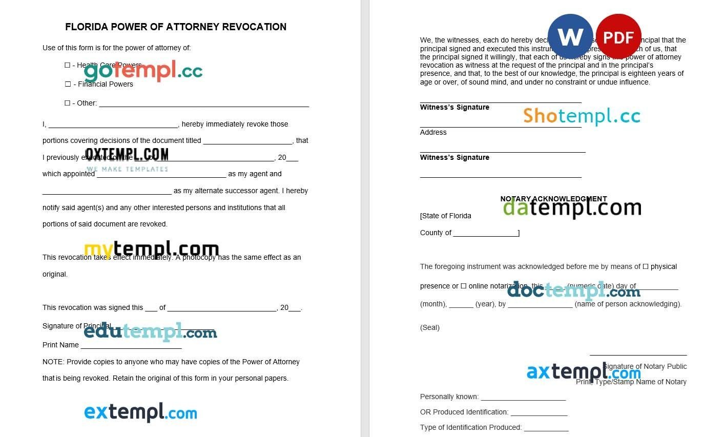 Florida Power of Attorney Revocation Form example, fully editable