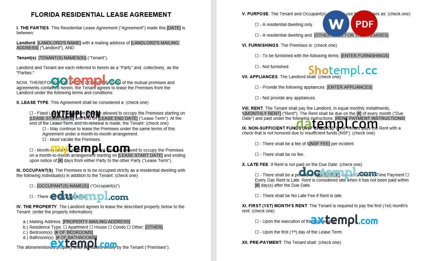 Florida Residential Standard Lease Agreement Word example, fully editable