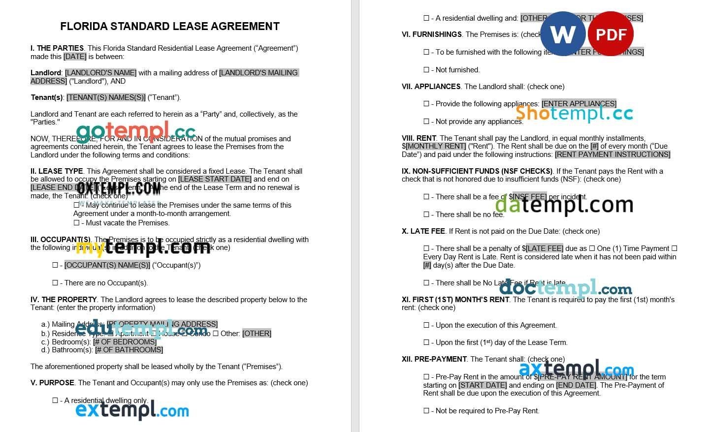 Florida Standard Residential Lease Agreement Word example
