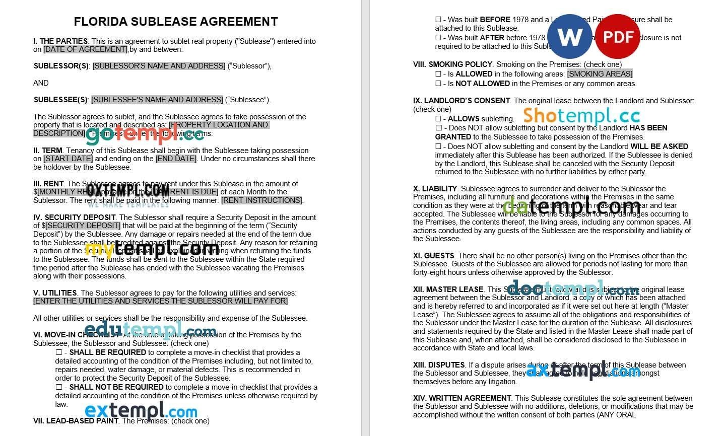 Florida Sublease Agreement example, fully editable