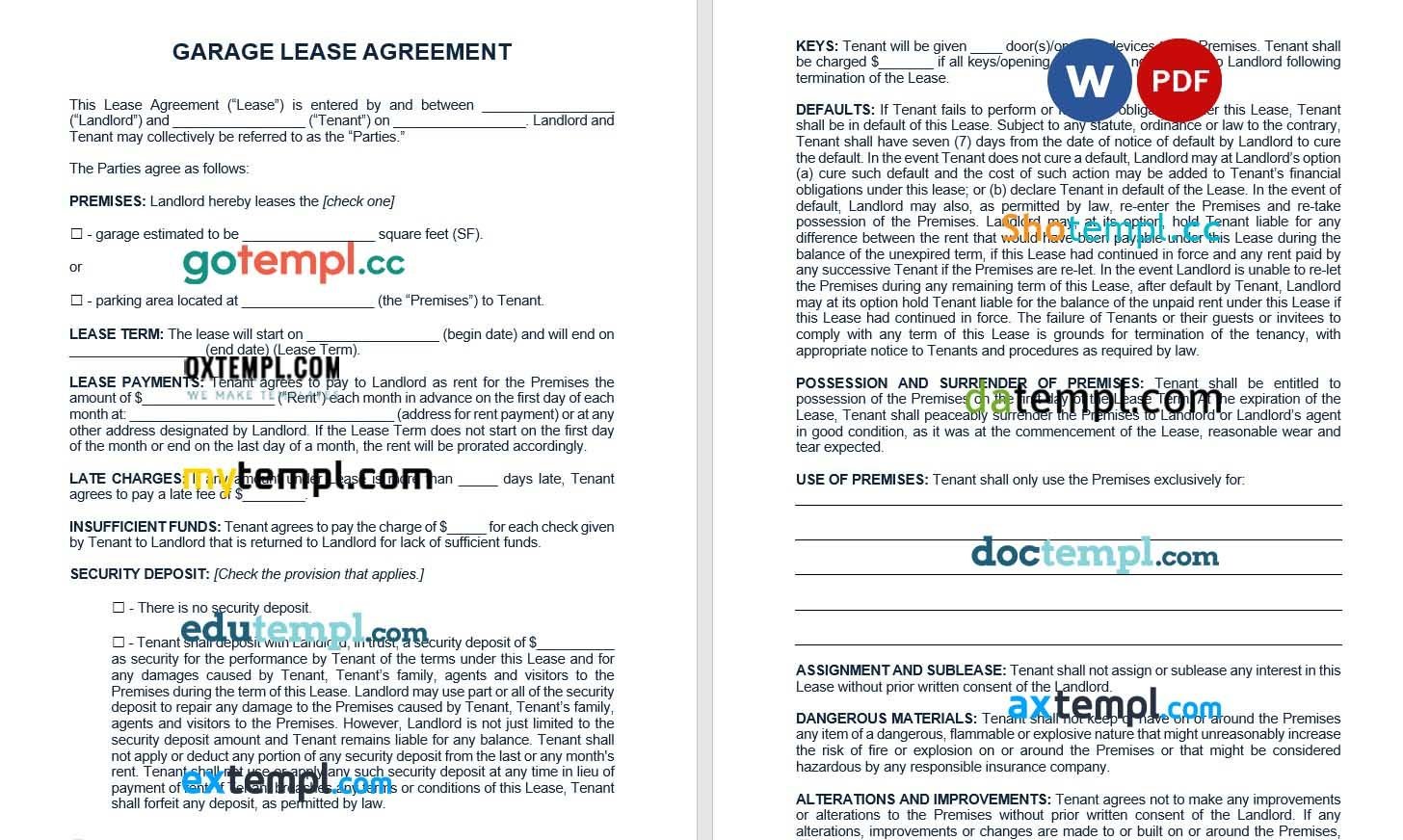 Garage Lease Agreement Word example, fully editable