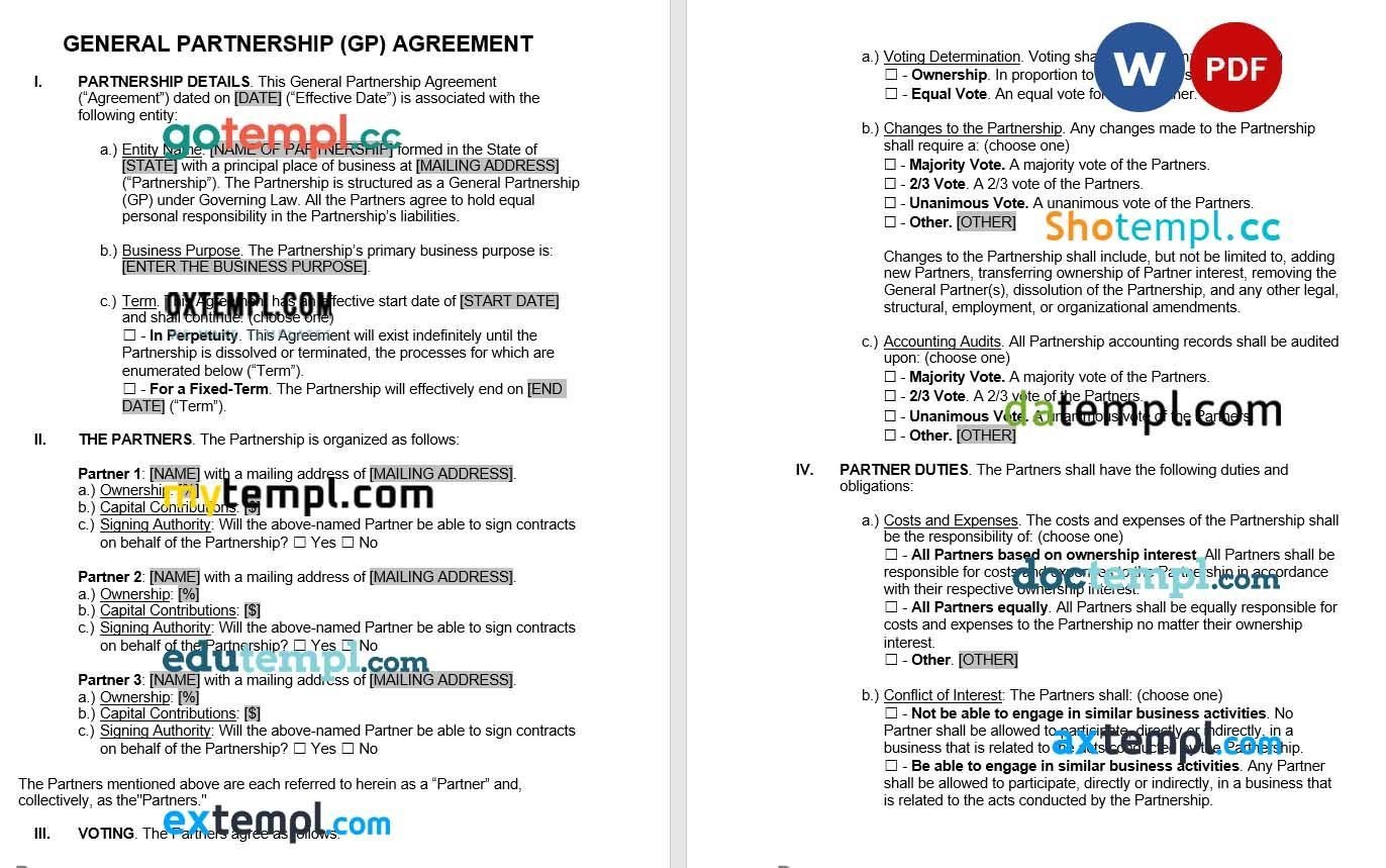 General Partnership GP Agreement Word example, fully editable