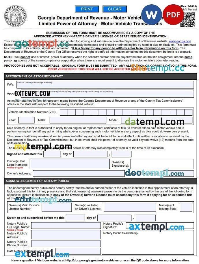 Georgian Motor Vehicle Power of Attorney (Form T-8) example, fully editable