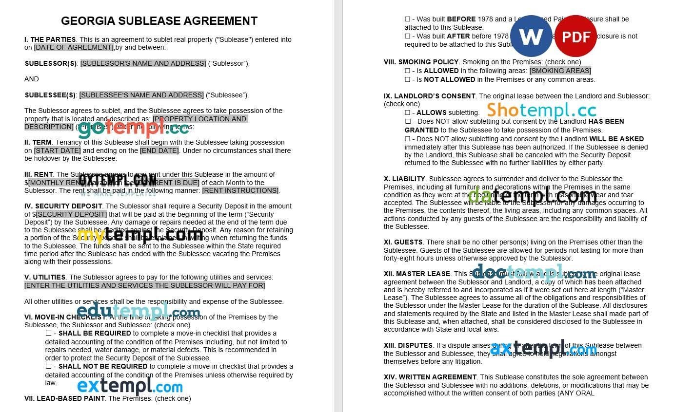 Georgian Sublease Agreement Word example, completely editable