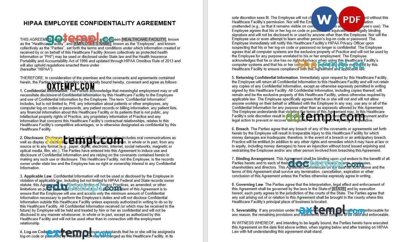 HIPAA Employee Confidentiality Non-Disclosure Agreement NDA Word example