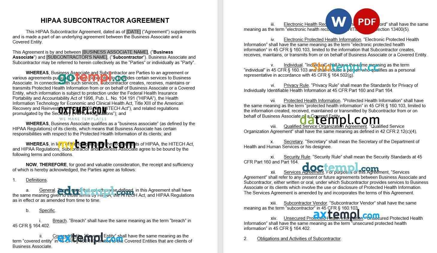 HIPAA Subcontractor Agreement Word example, fully editable