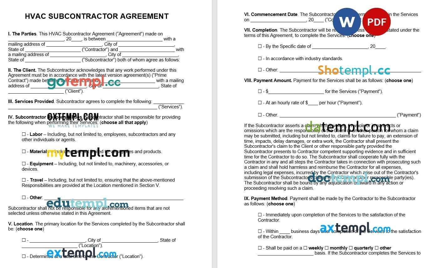 HVAC Subcontractor Agreement Word example, fully editable