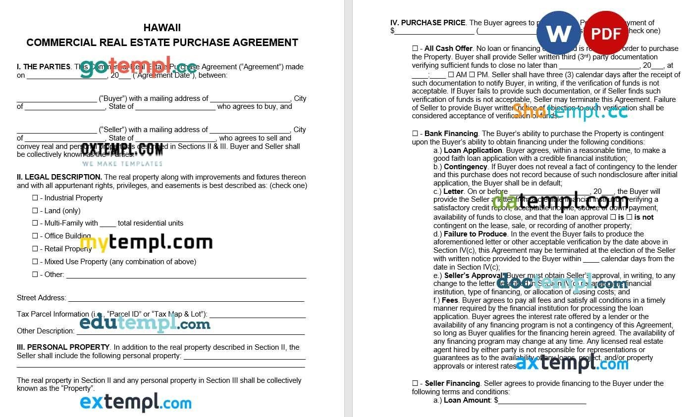 Hawaii Commercial Real Estate Purchase Agreement Word example, fully editable