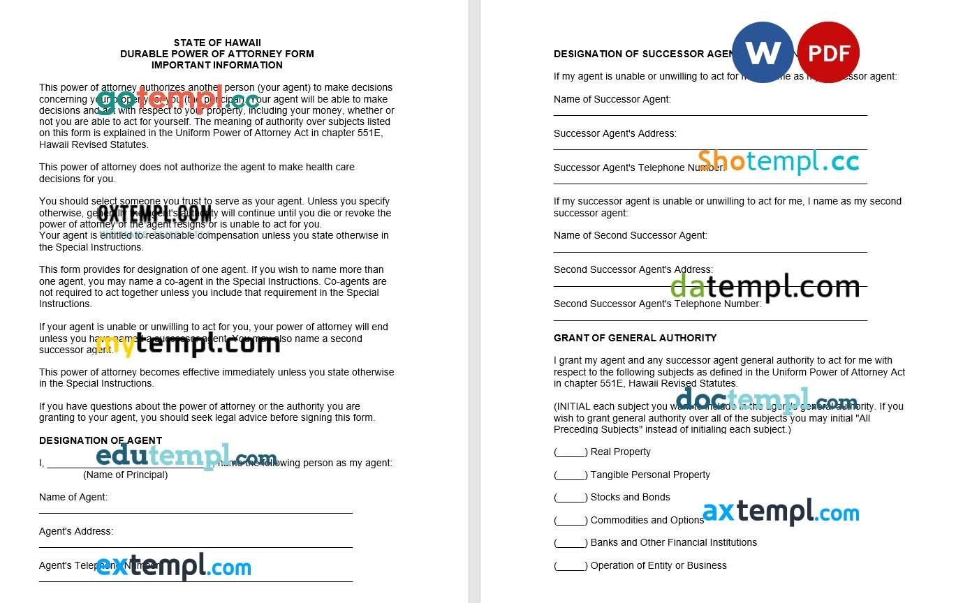 Hawaii Durable Statutory Power of Attorney Form example, fully editable