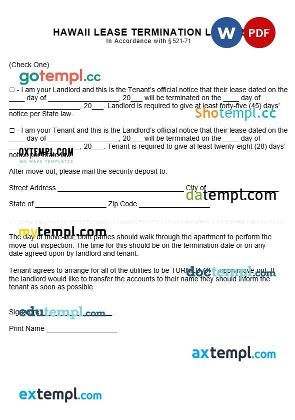 Hawaii Lease Termination Letter Word example, fully editable
