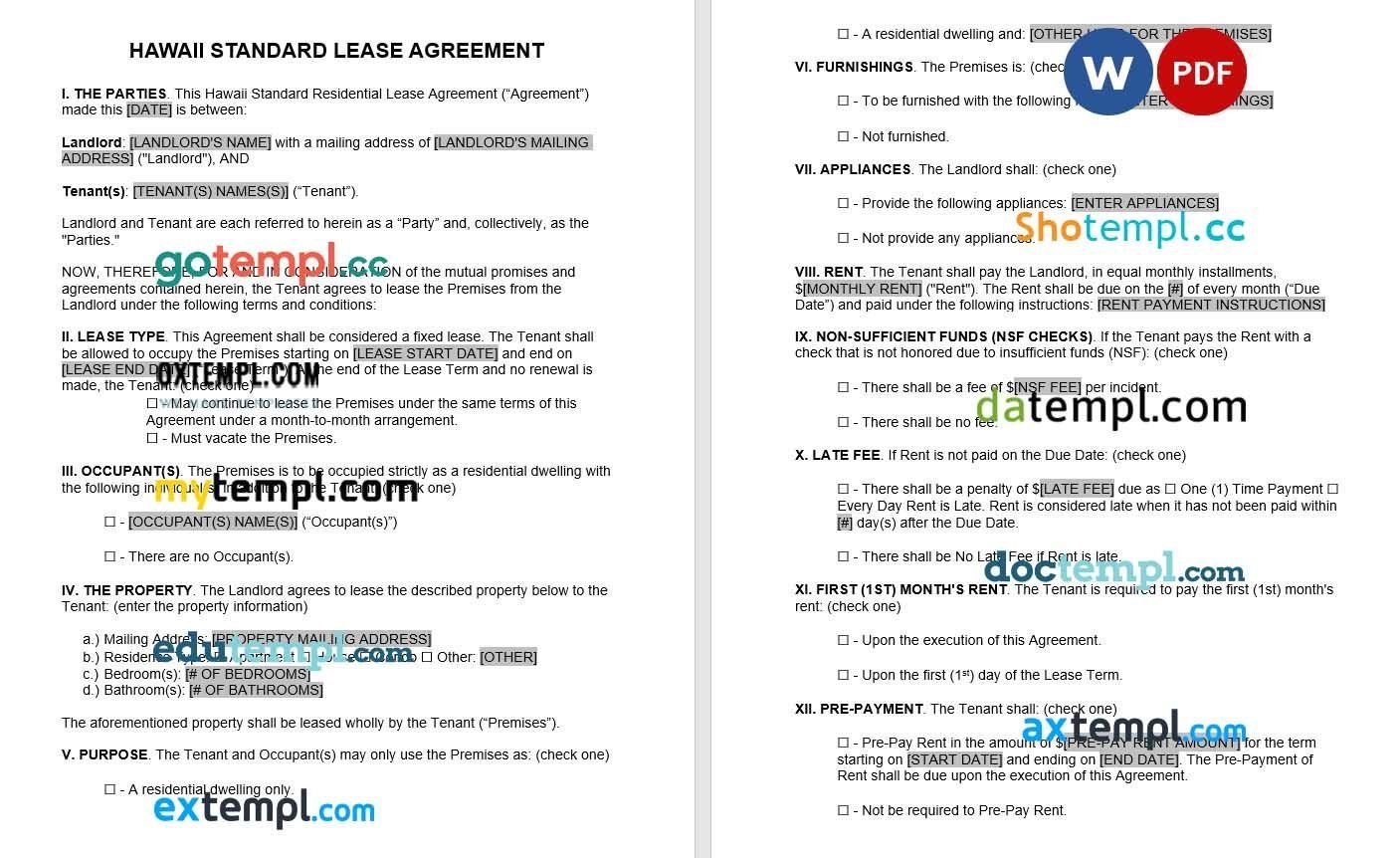 Hawaii Standard Lease Agreement Word example, fully editable