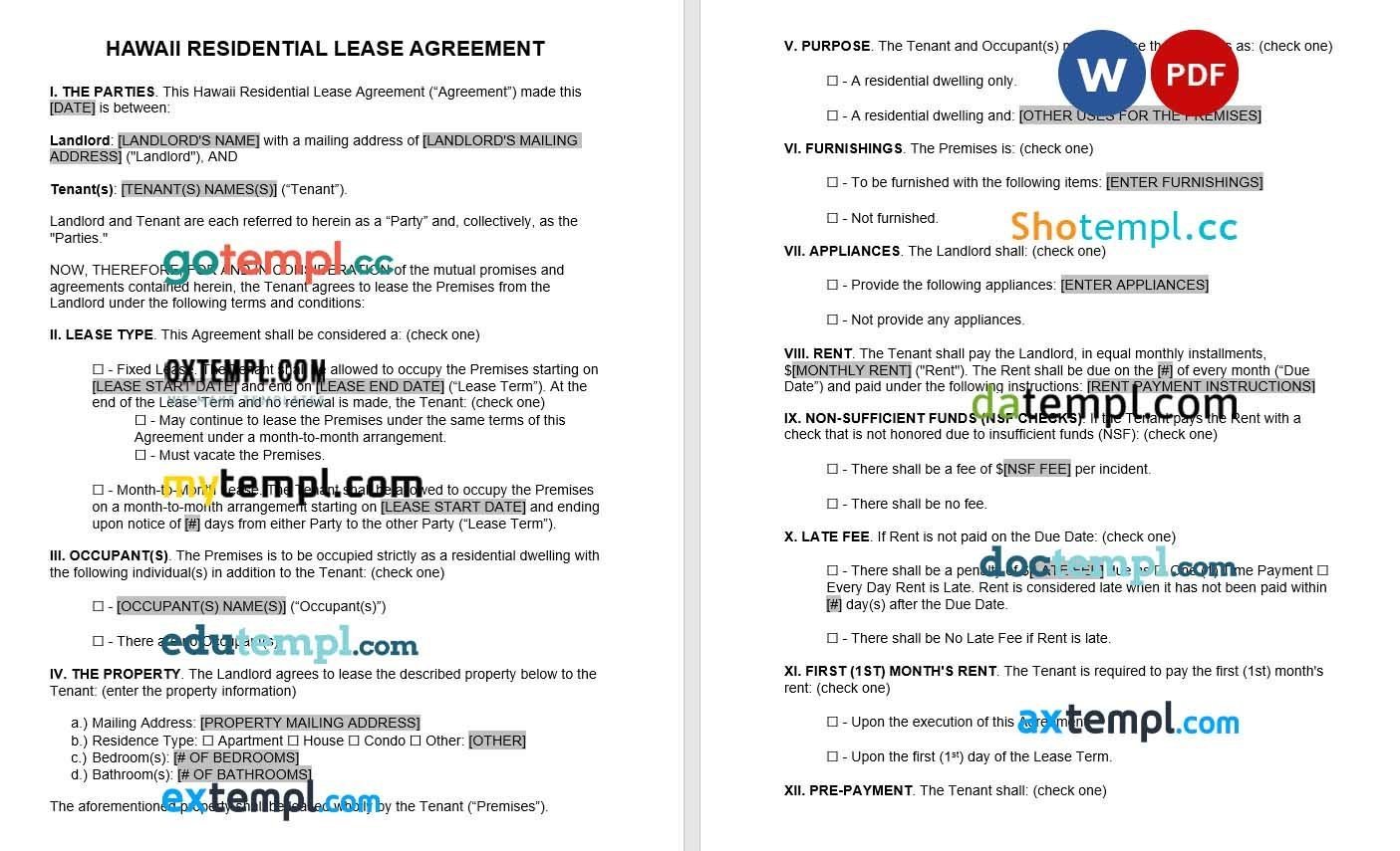 Hawaii Standard Residential Lease Agreement Word example, completely editable