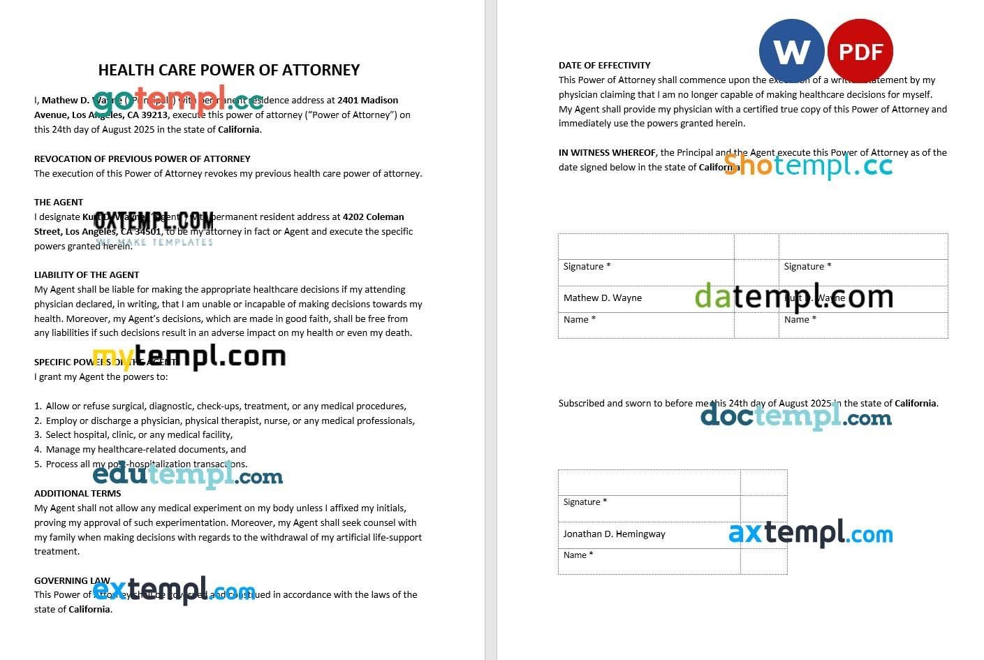 Health Care Power of Attorney Form example, fully editable