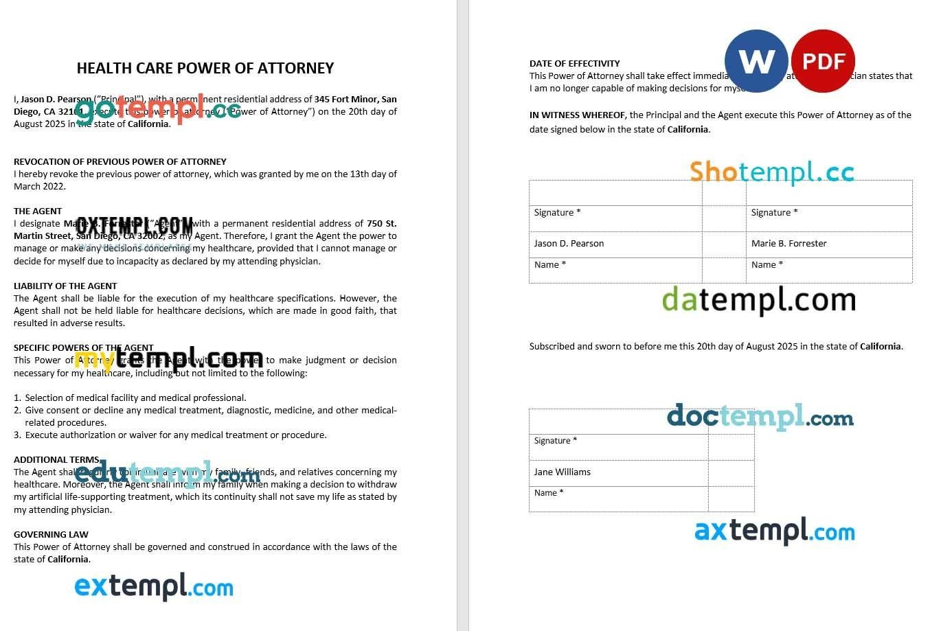 Health Care Power of Attorney example, fully editable