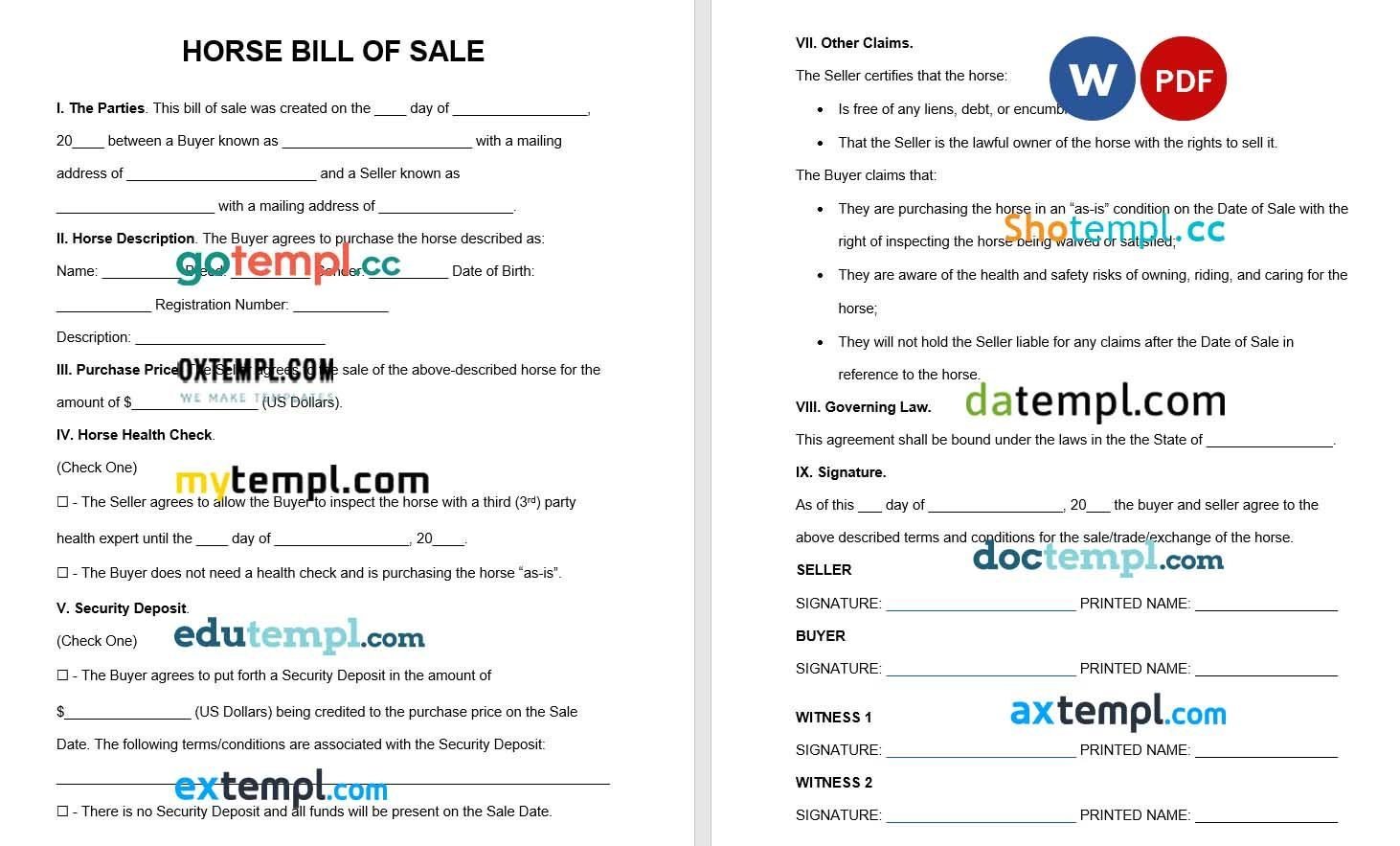 Horse Bill of Sale Form Word example, completely editable