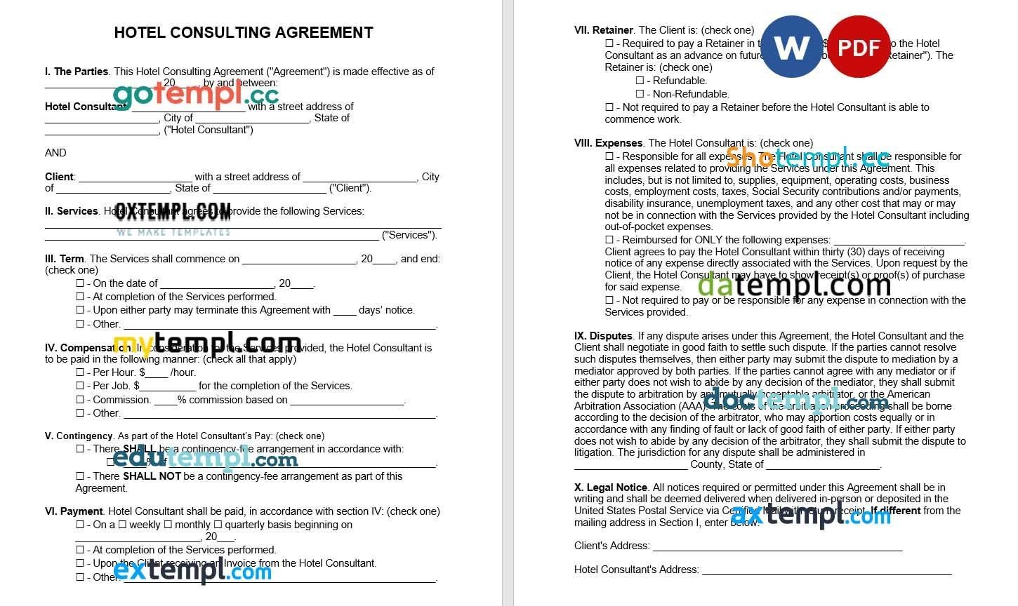 Hotel Consultant Agreement Word example, fully editable