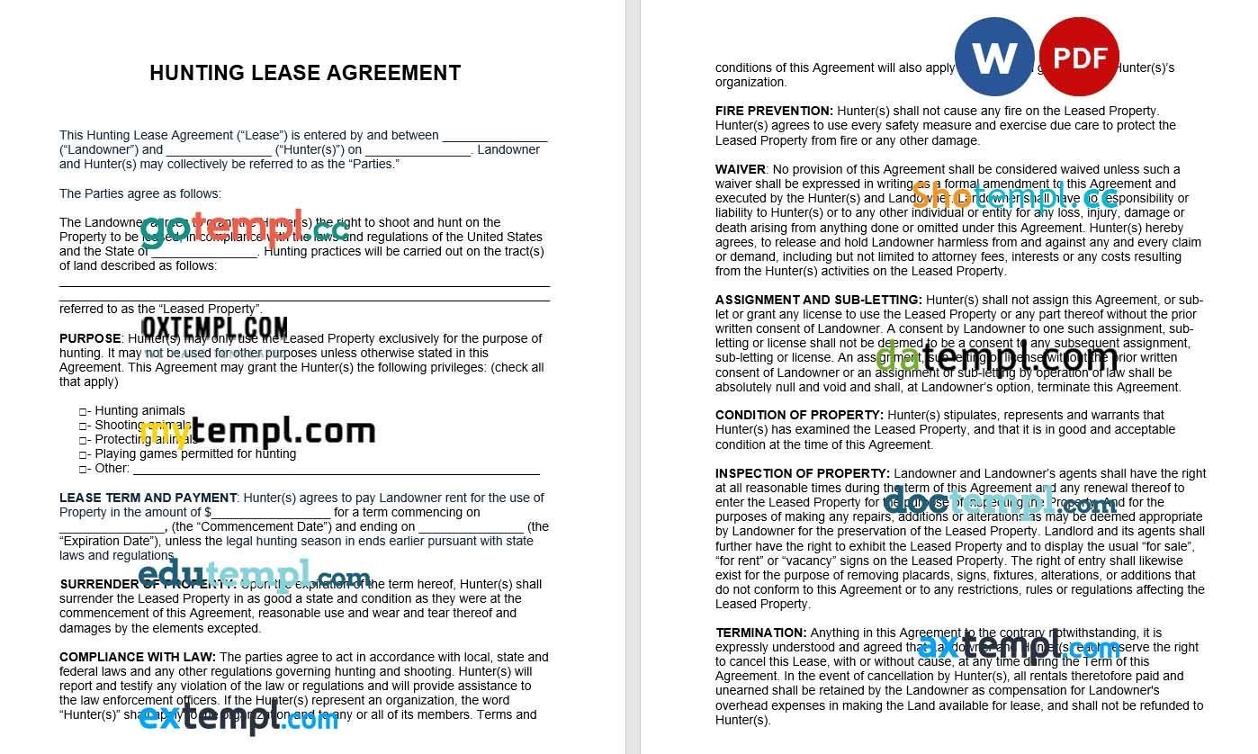 Hunting Lease Agreement Word example, fully editable, version 1