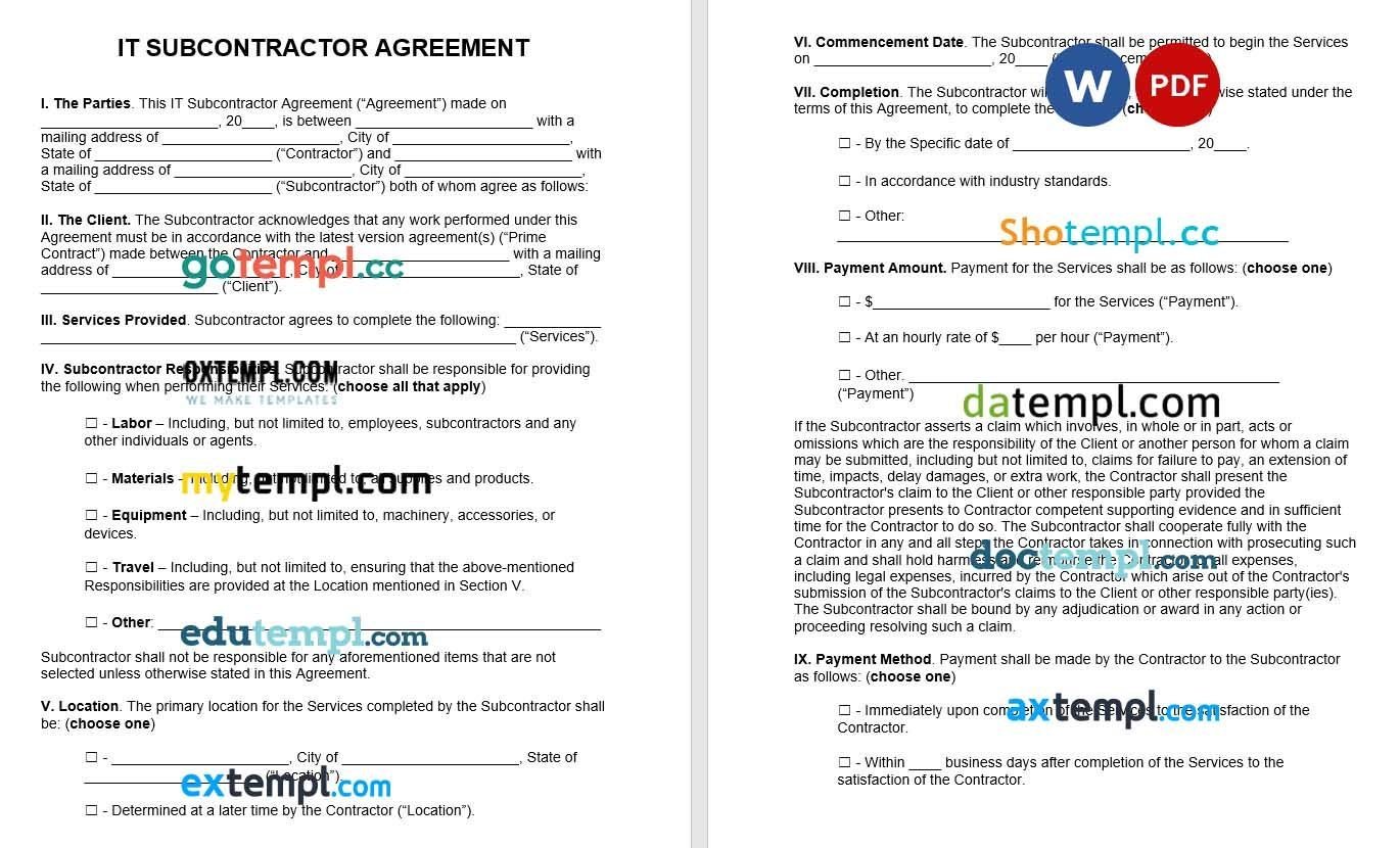 IT Subcontractor Agreement Word example, fully editable