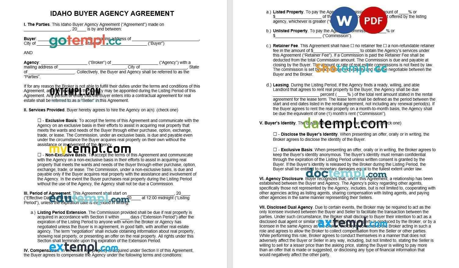 Idaho Buyer Agency Agreement Word example, fully editable