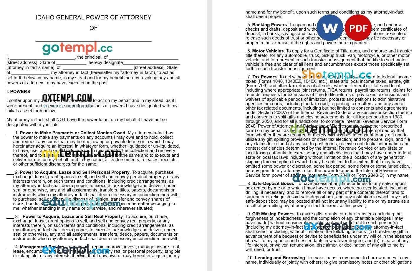 Idaho General Power of Attorney example, fully editable