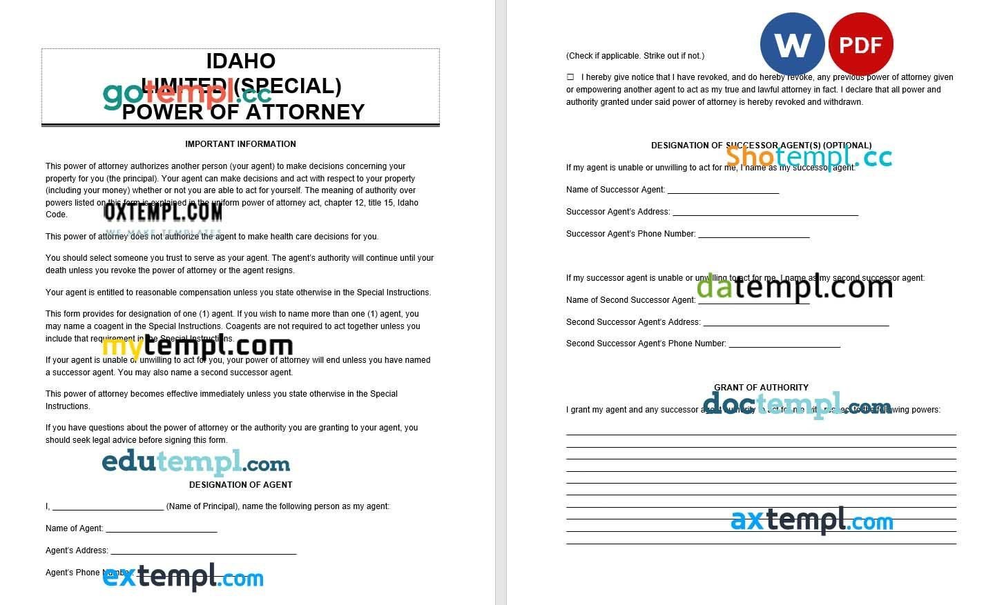 Idaho Limited Power of Attorney example, fully editable