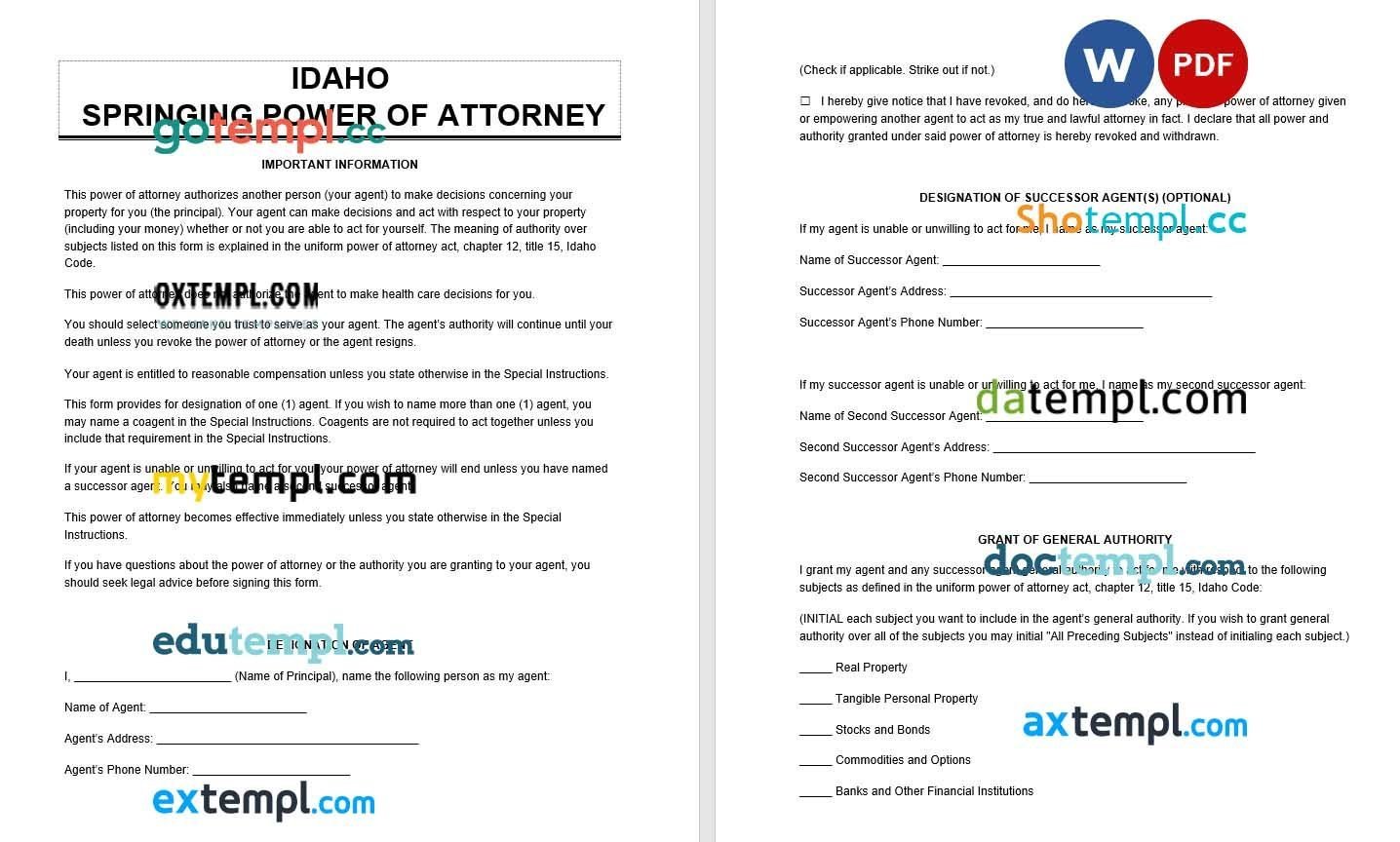 Idaho Springing Power of Attorney example, fully editable