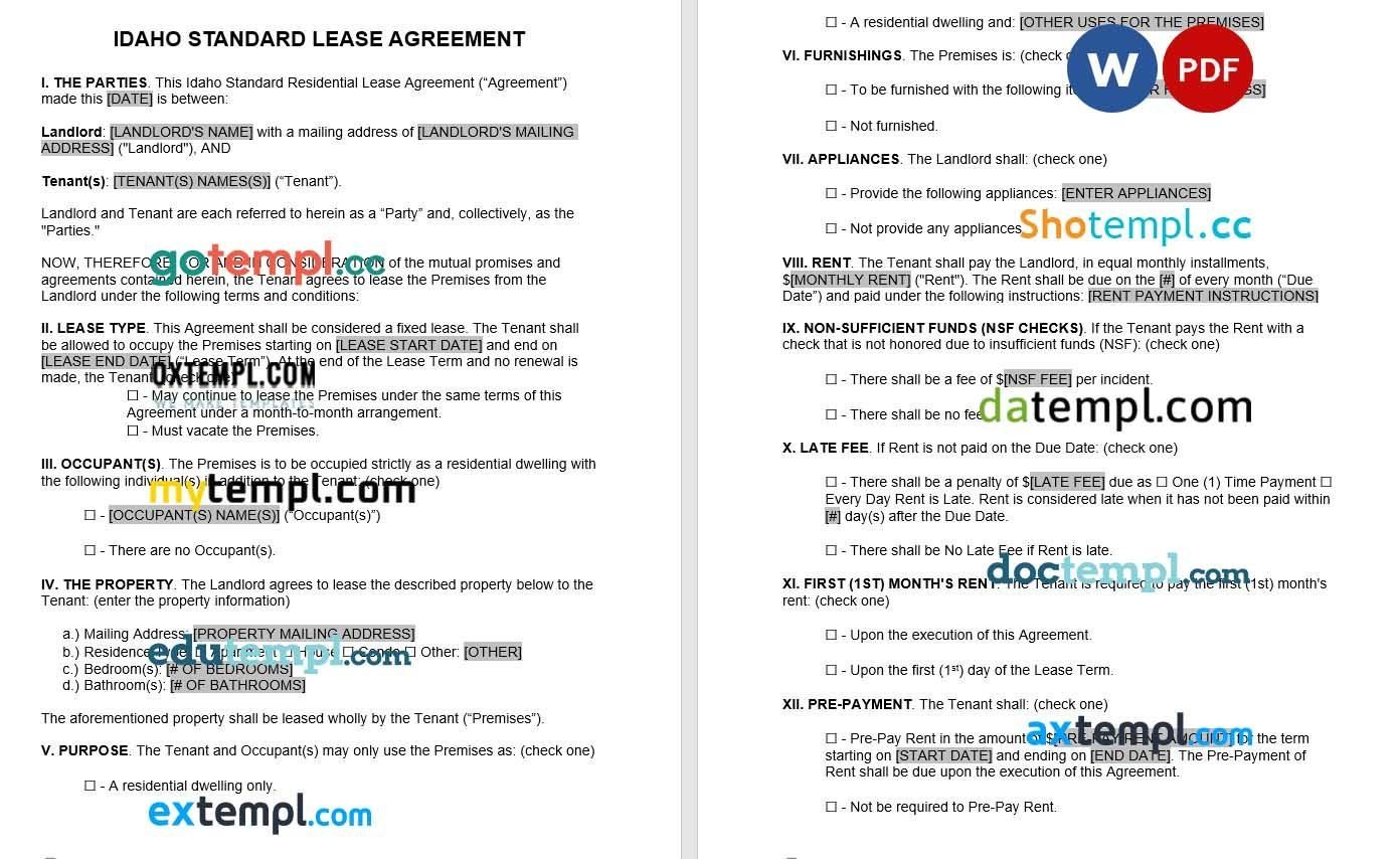Idaho Standard Residential Lease Agreement Word example, fully editable