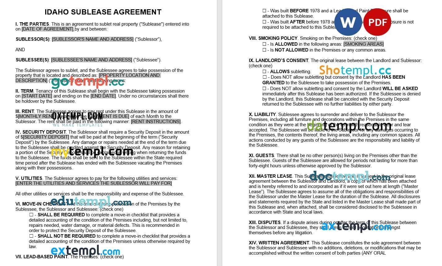 Idaho Sublease Agreement Word example, fully editable