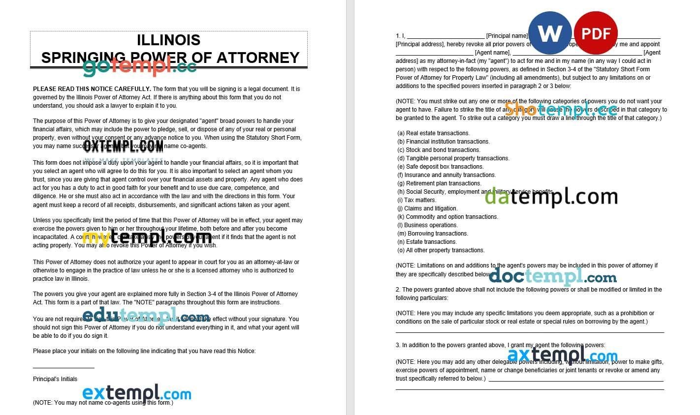 Illinois Springing Power of Attorney example, fully editable