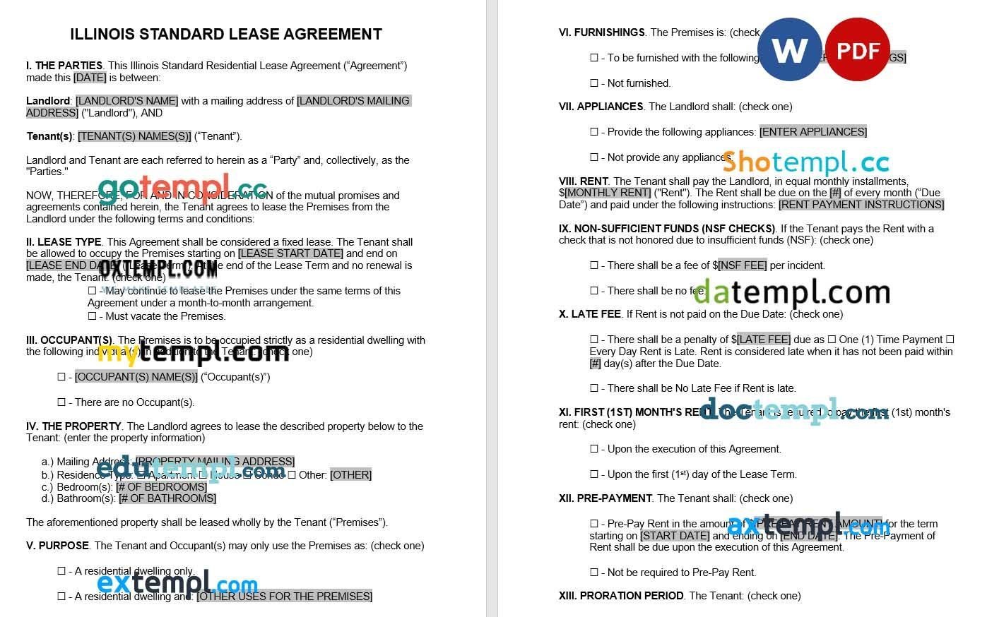 Illinois Standard Residential Lease Agreement word example, fully editable