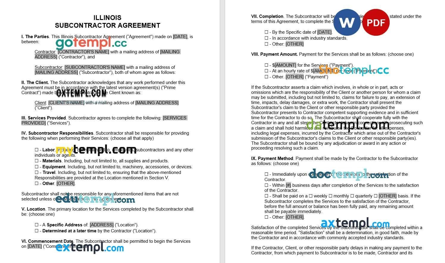 Illinois Subcontractor Agreement Word example, fully editable