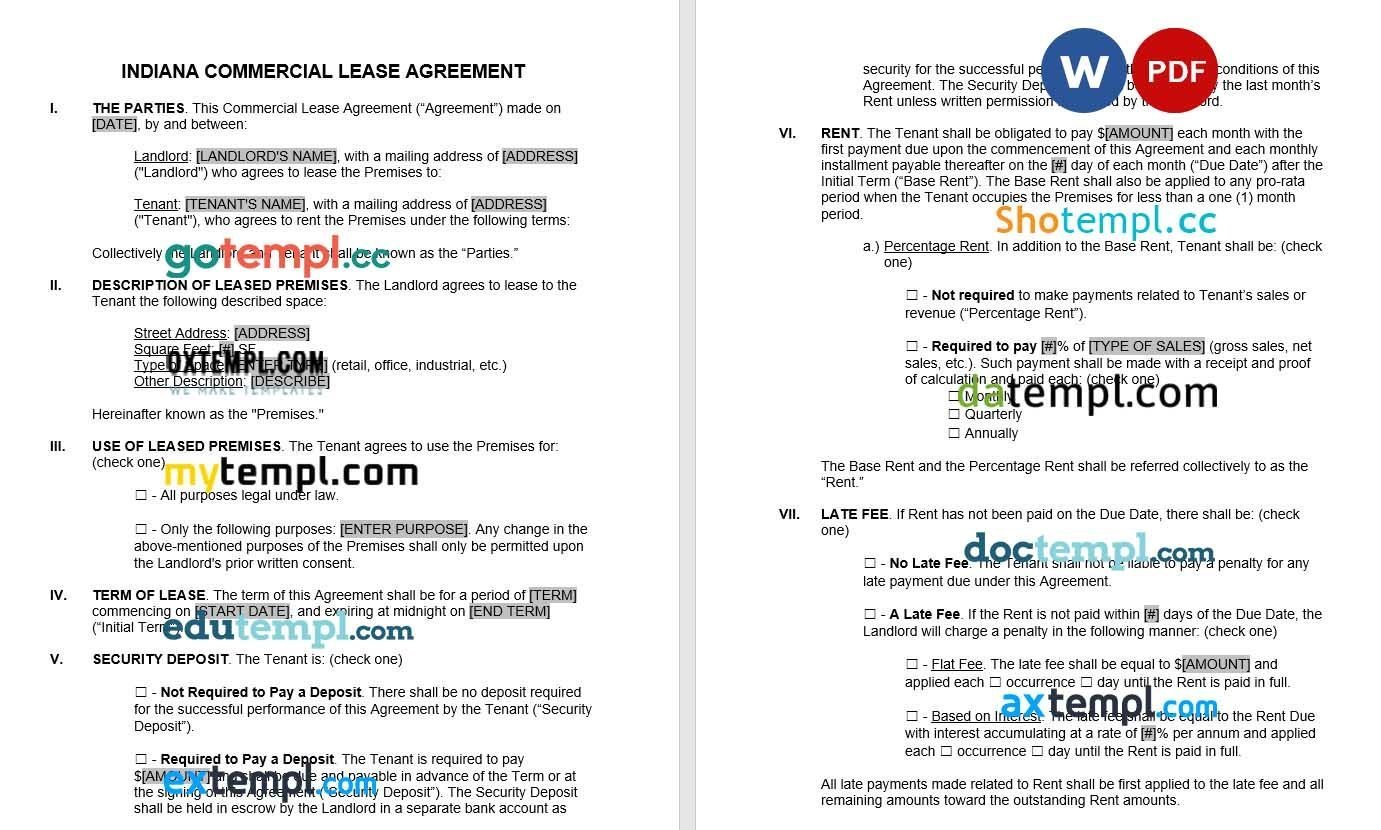 Indianna Commercial Lease Agreement Word example, fully editable