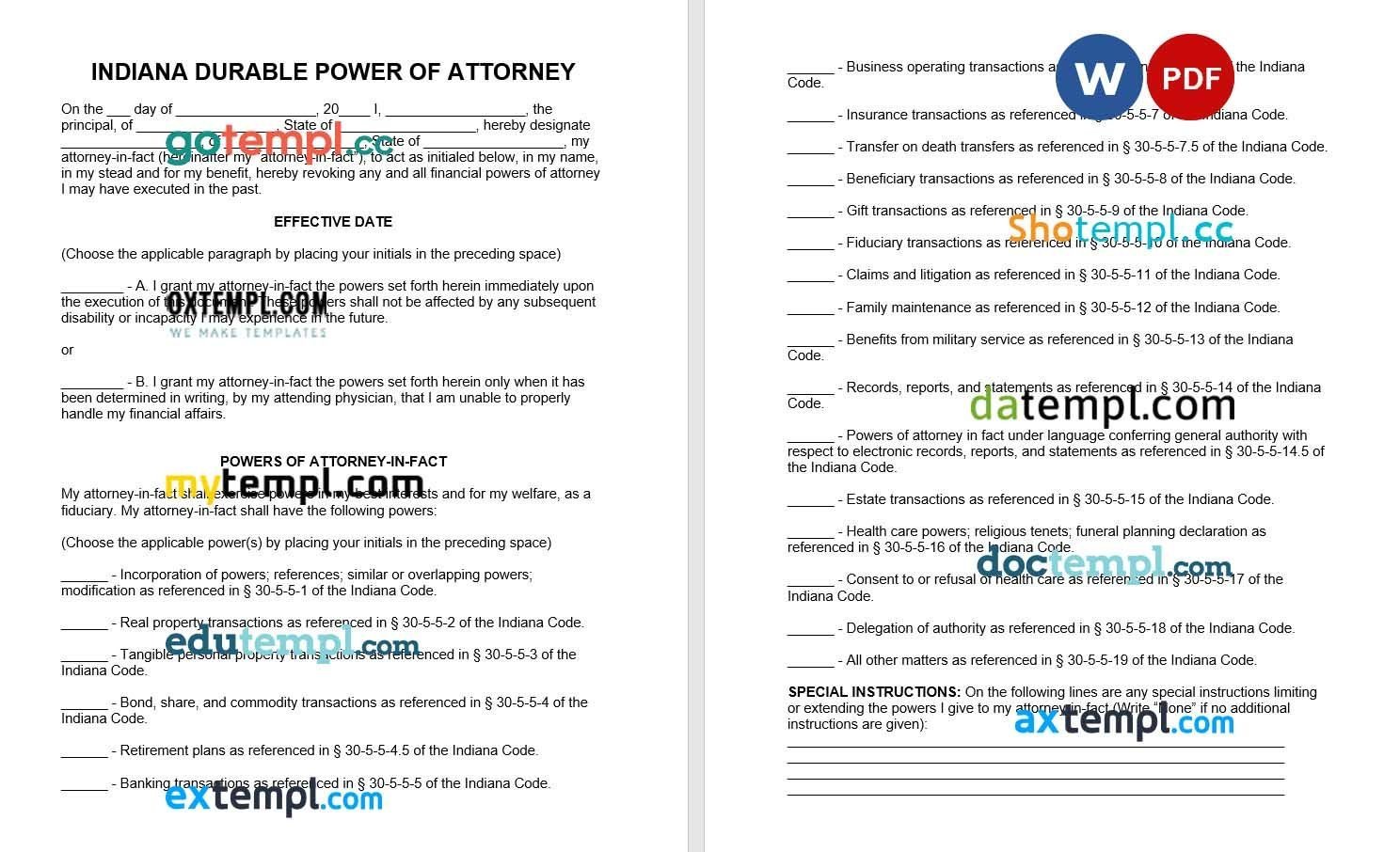 Indianna Durable Financial Power of Attorney Form example, fully editable
