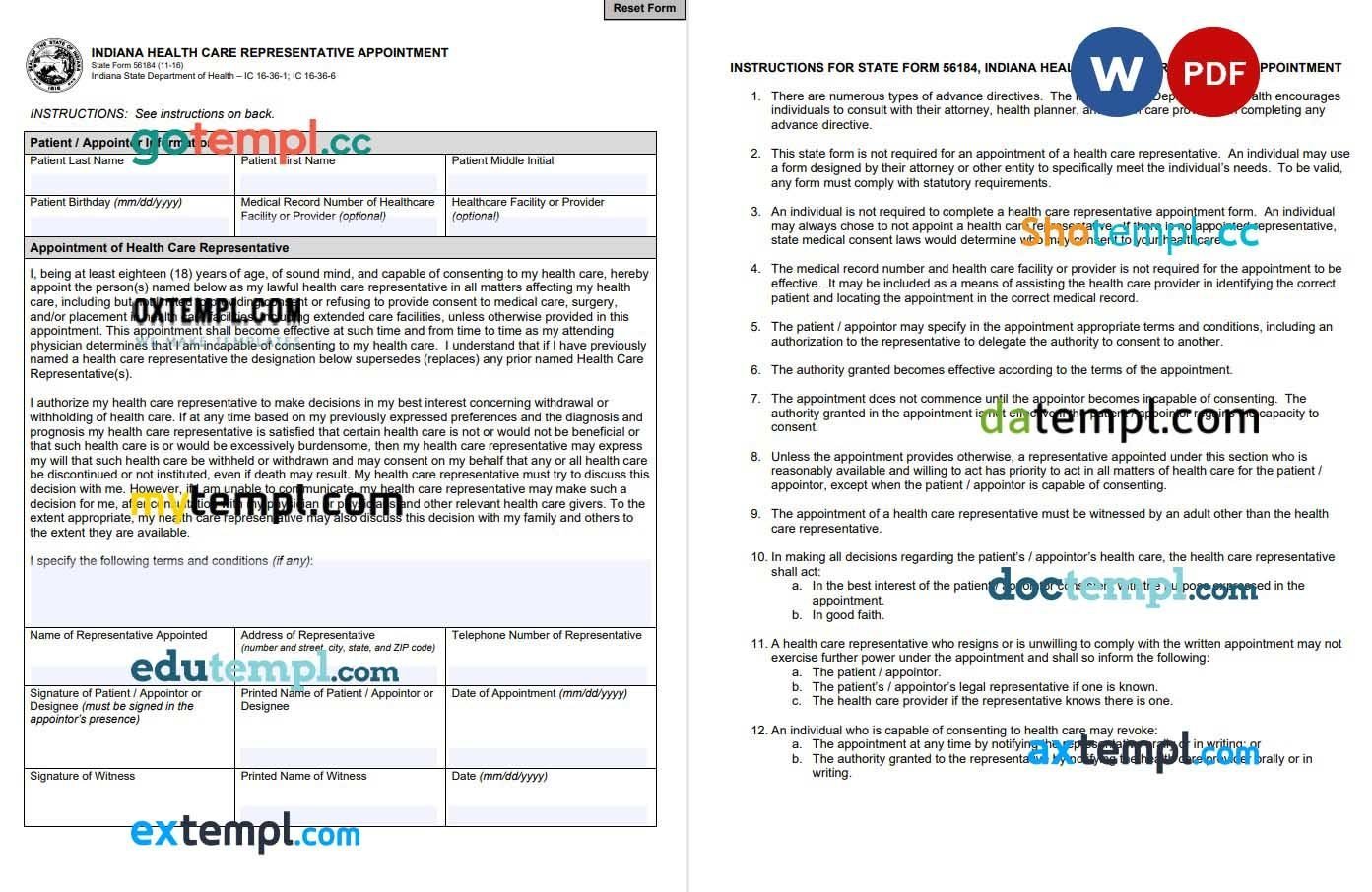 Indianna Health Care Representative Appointment Form example, fully editable