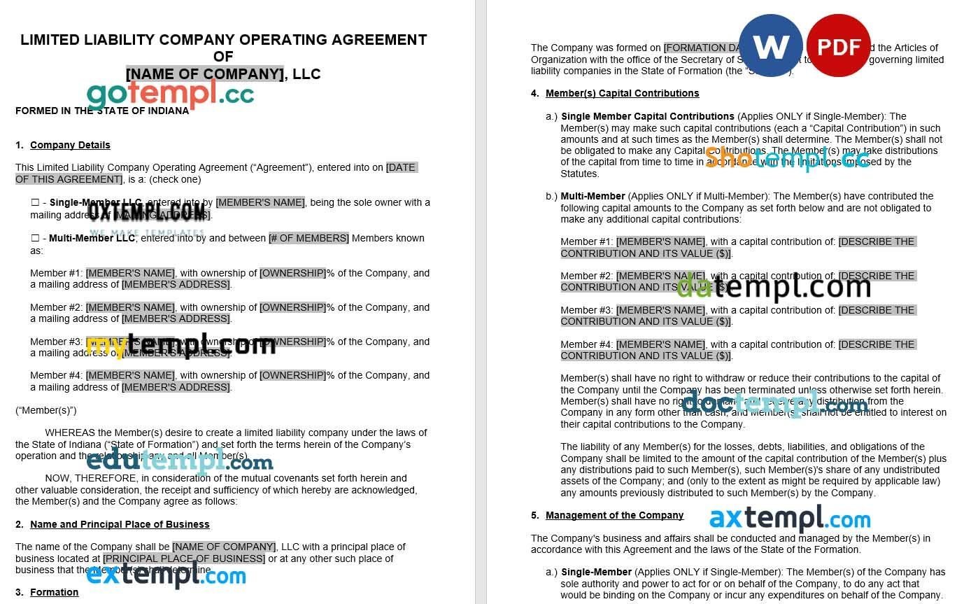 Indianna LLC Operating Agreement Word example, fully editable