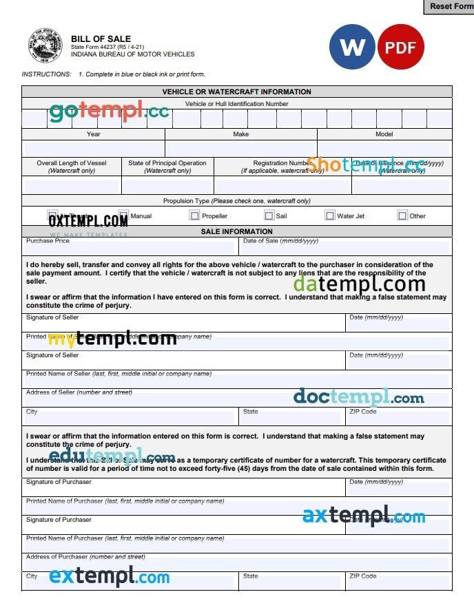 Indiana Motor Vehicle Bill of Sale Form example, fully editable