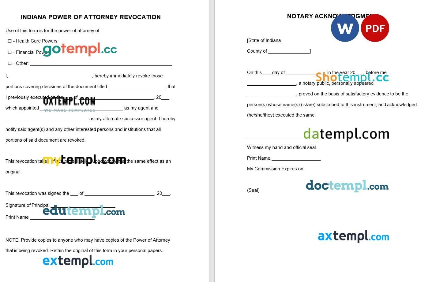 Indiana Power of Attorney Revocation Form example, fully editable