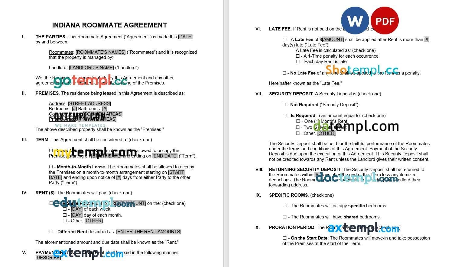 Indianna Roommate Agreement Form Word example, fully editable