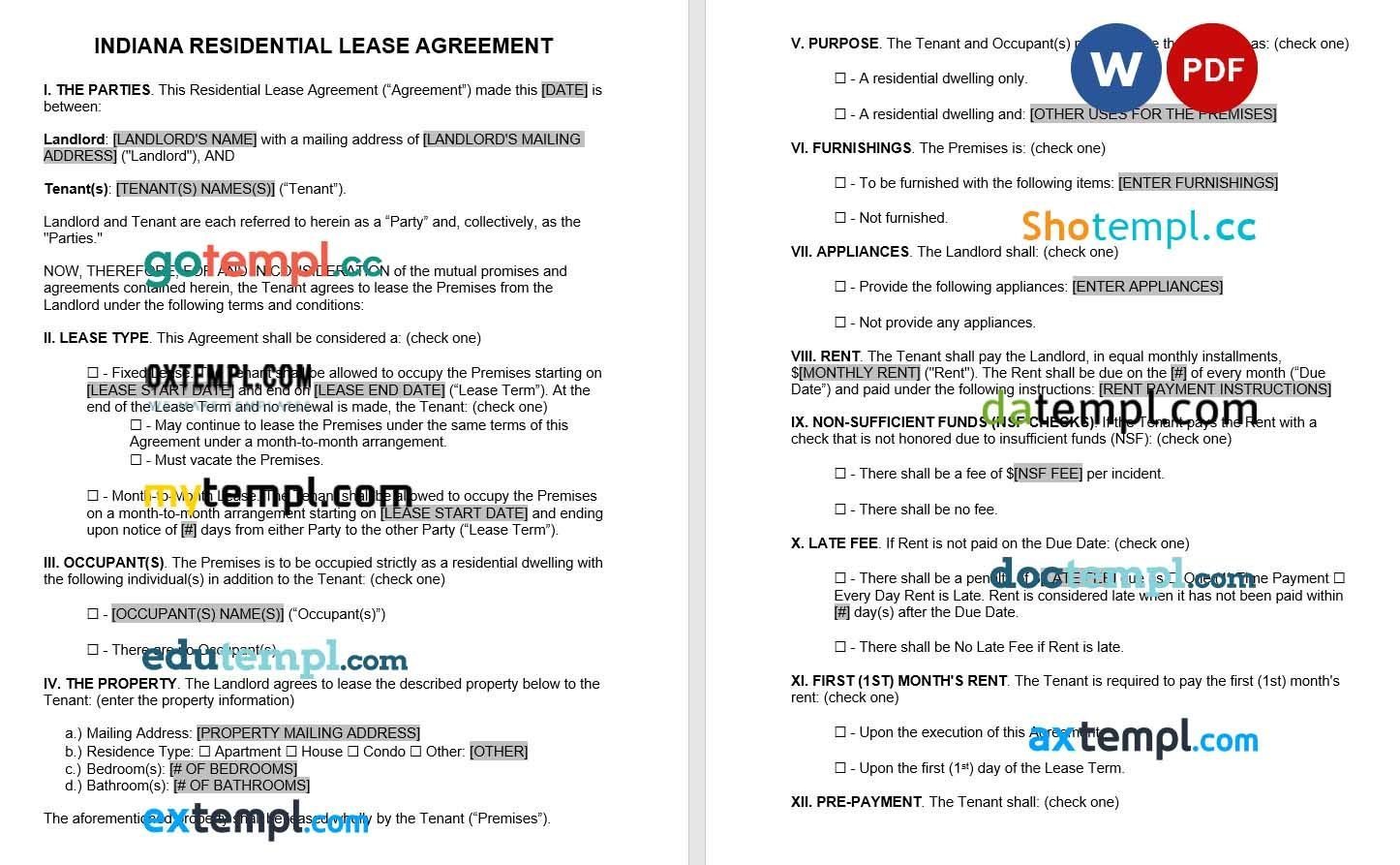 Indianna Standard Residential Lease Agreement Word example, fully editable