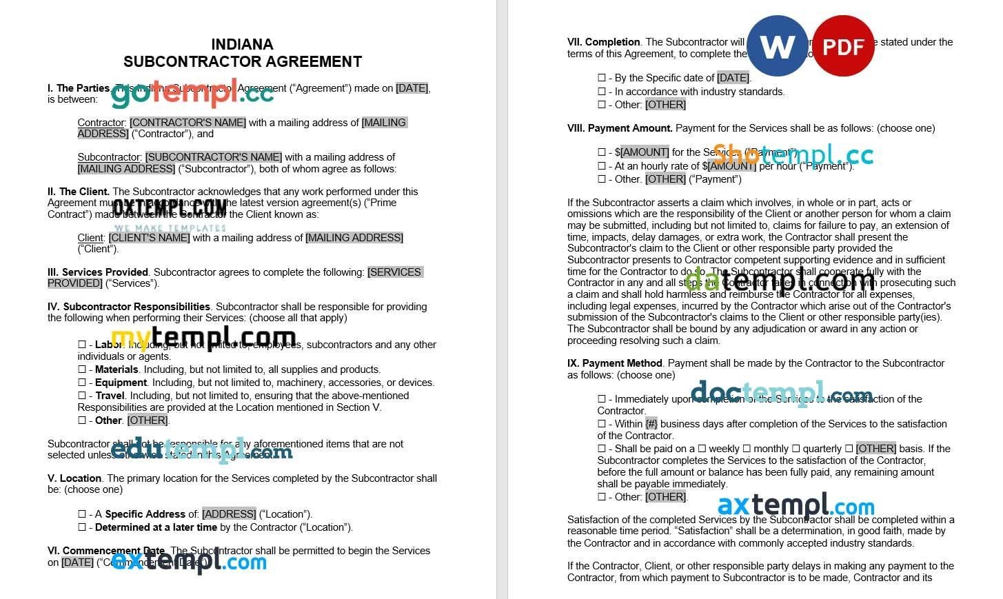 Indianna Subcontractor Agreement Word example, fully editable