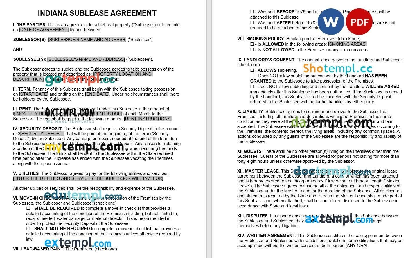 Indianna Sublease Agreement Word example, fully editable