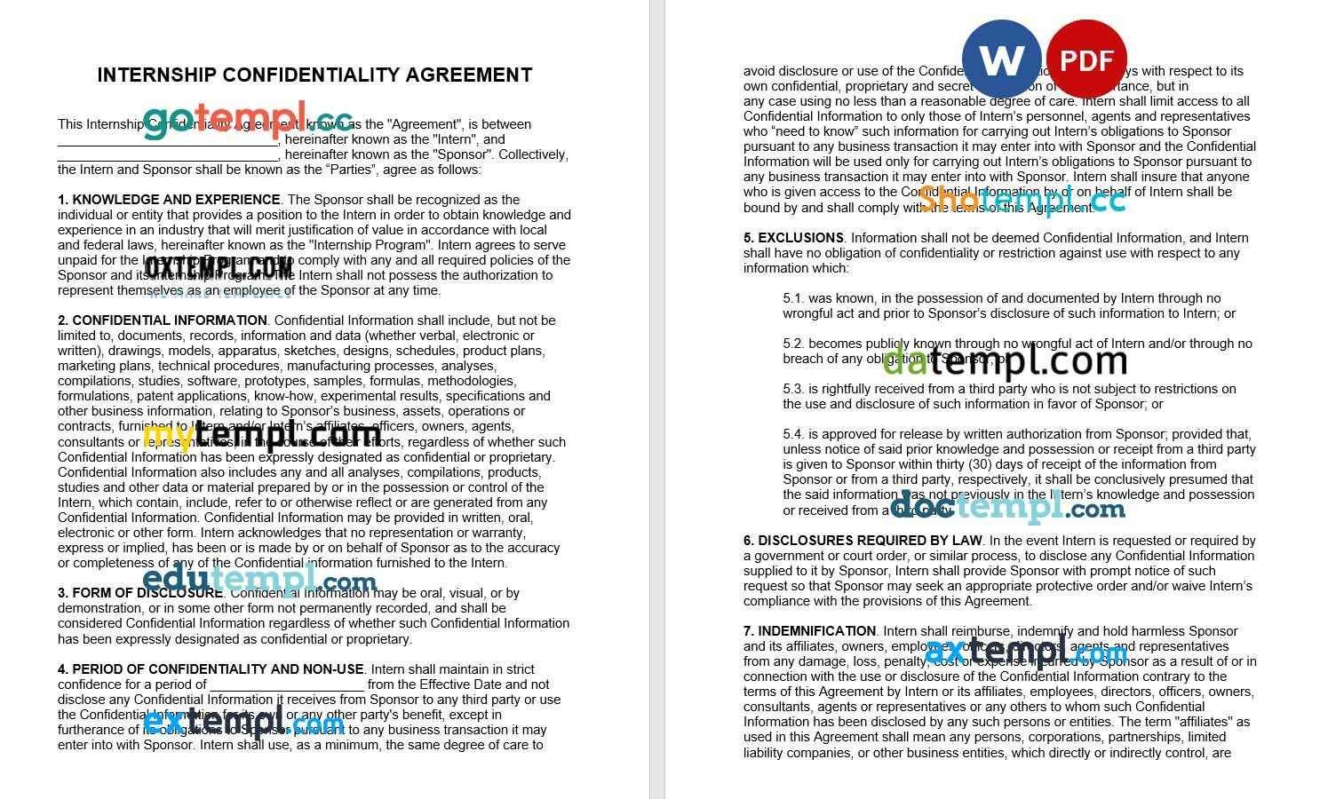 Internship Confidentiality Agreement NDA Word example, fully editable