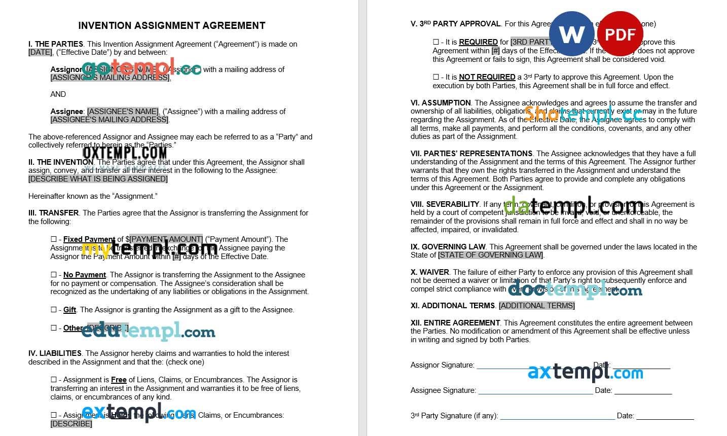 Invention Assignment Agreement word example, fully editable