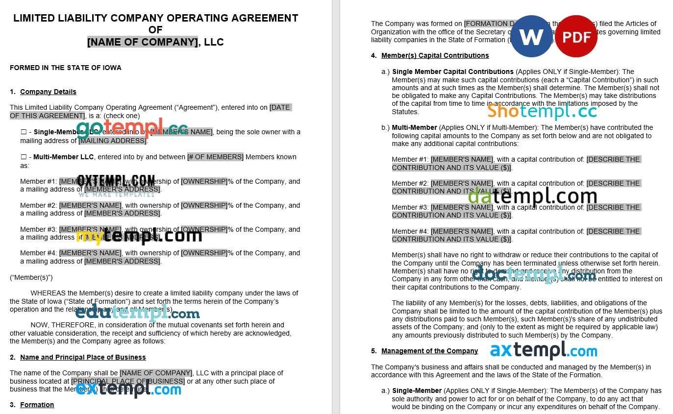 Iowa LLC Operating Agreement Word example, fully editable