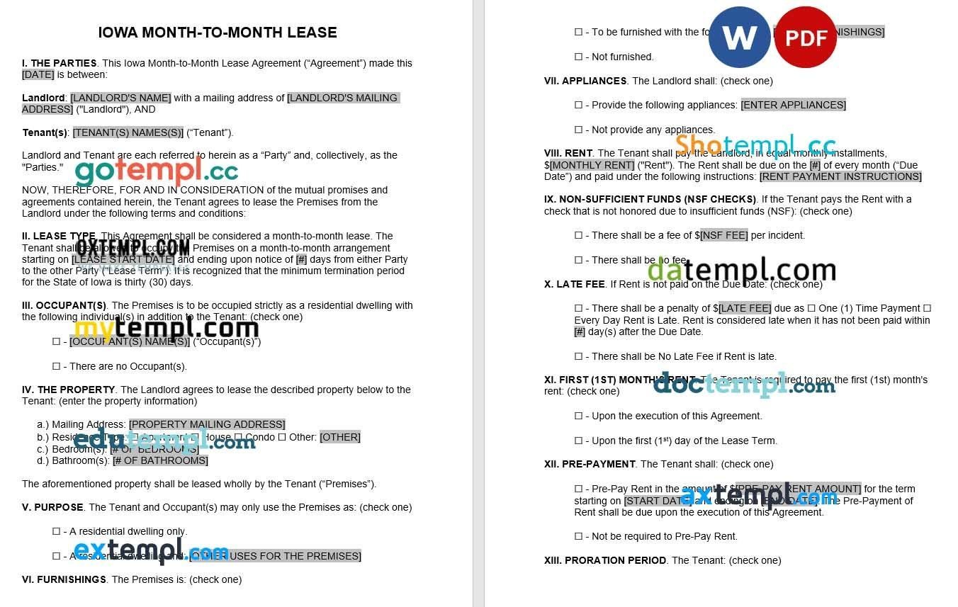 Iowa Month to Month Rental Agreement Word example, completely editable
