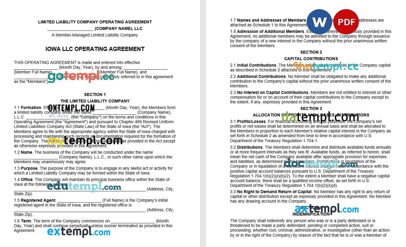 Iowa Multi-Member LLC Operating Agreement Word example, fully editable